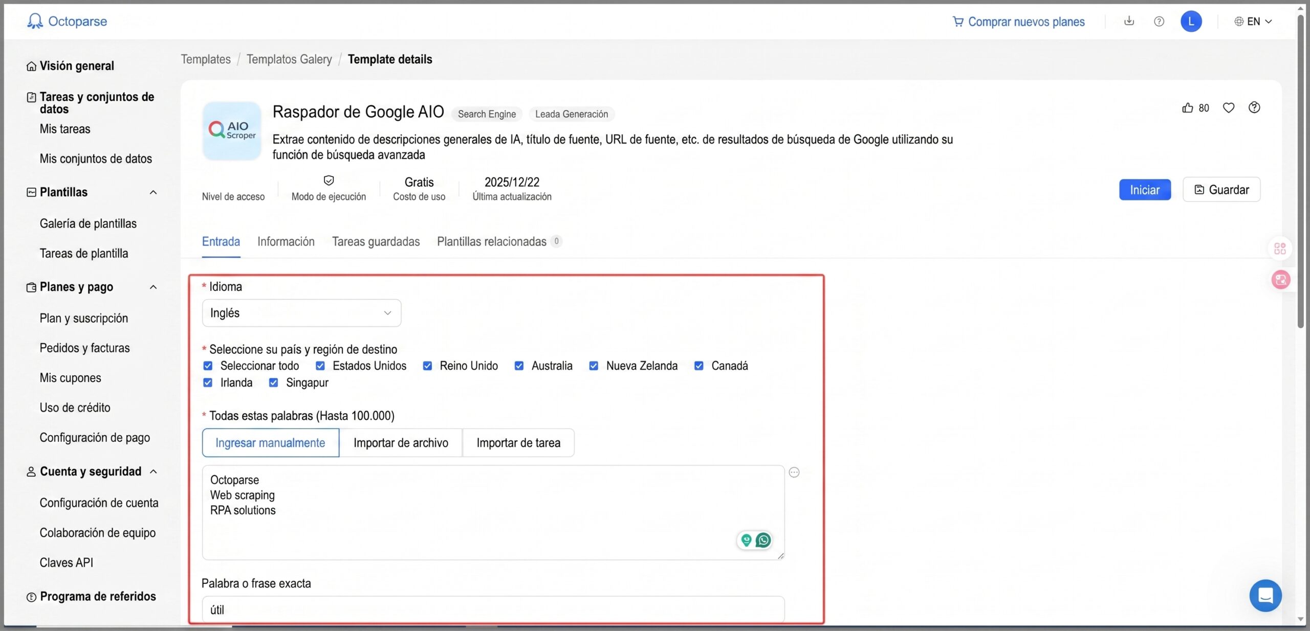 Configurar palabras clave para scraping Google AI Overview