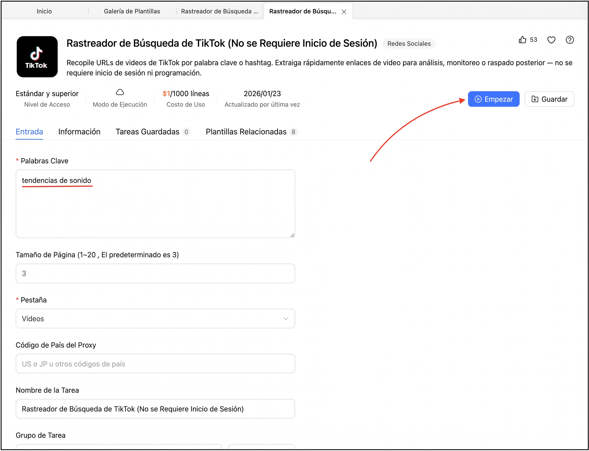 agregar las palabras clave para buscar audios