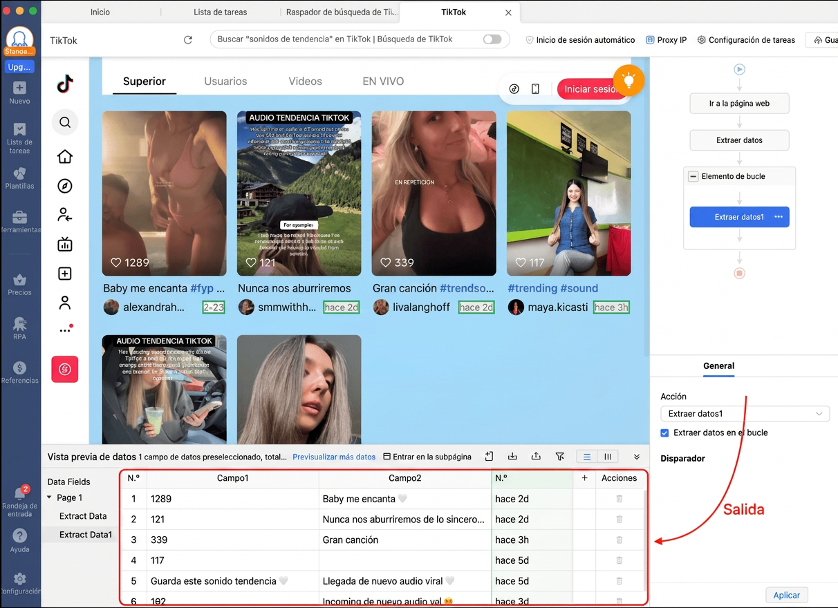 resultados de audios en tendencia de tiktok usando octoparse