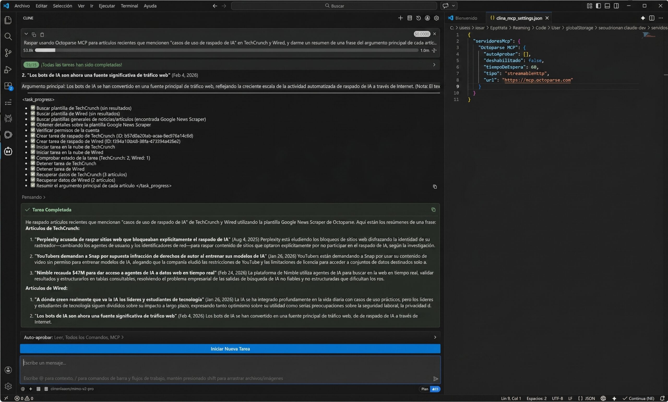 Cline usando Octoparse MCP para monitoreo de noticias