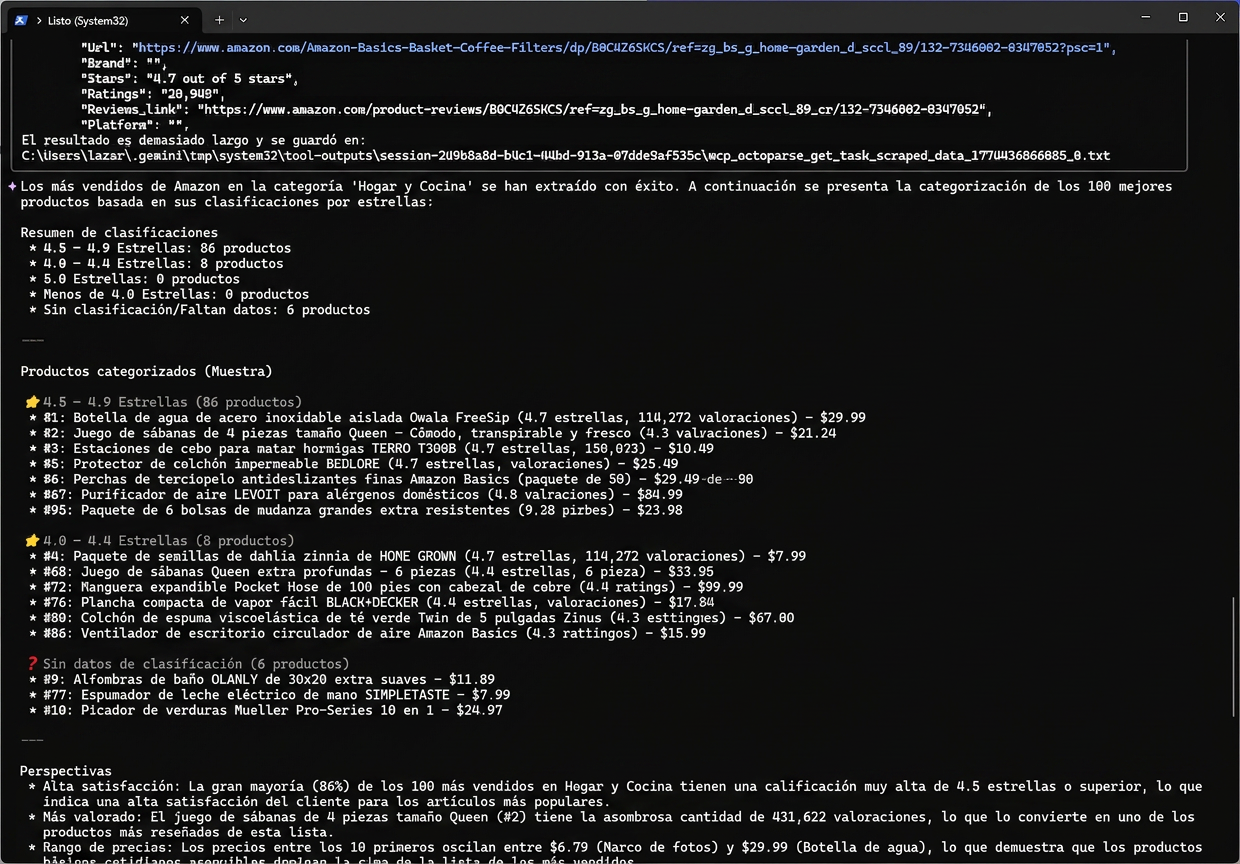 Gemini usando Octoparse MCP para tendencias de productos