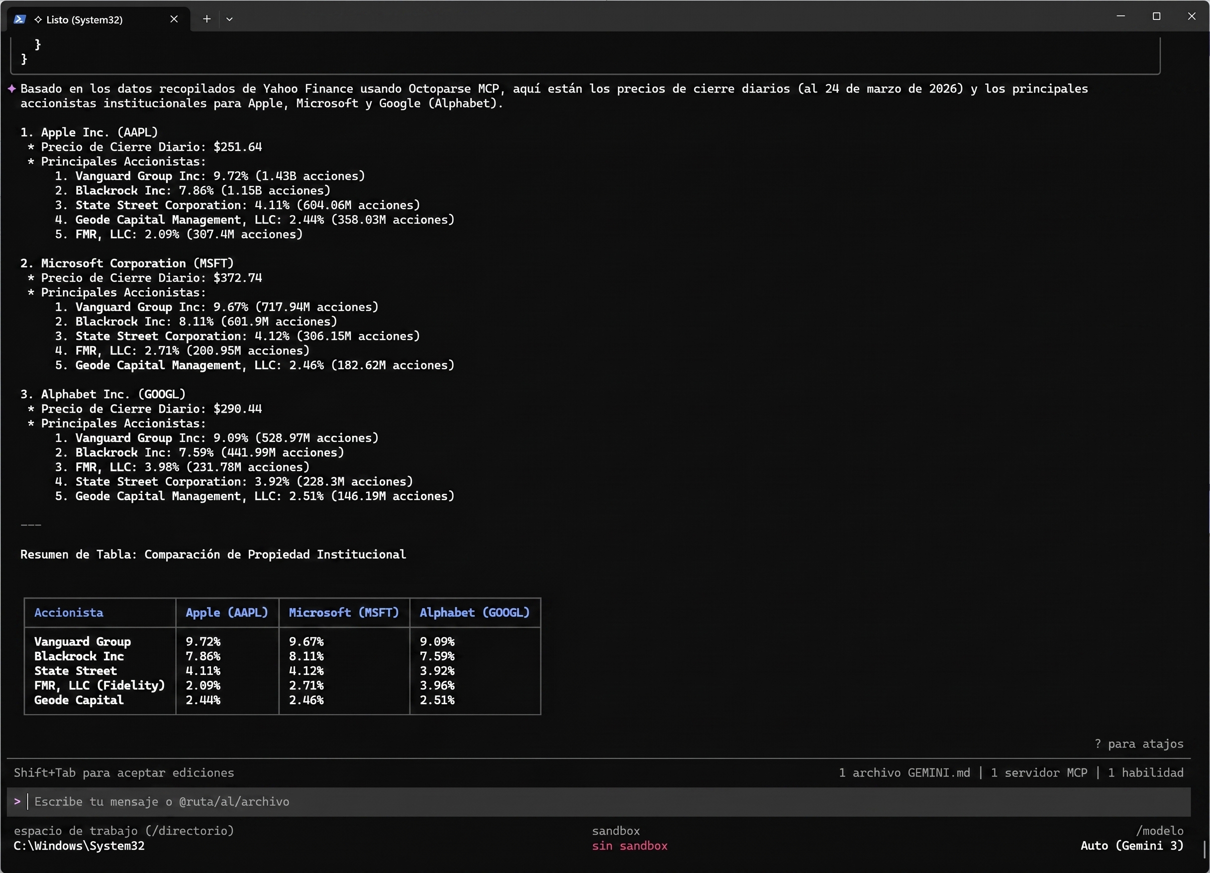 Gemini usando Octoparse MCP para datos financieros