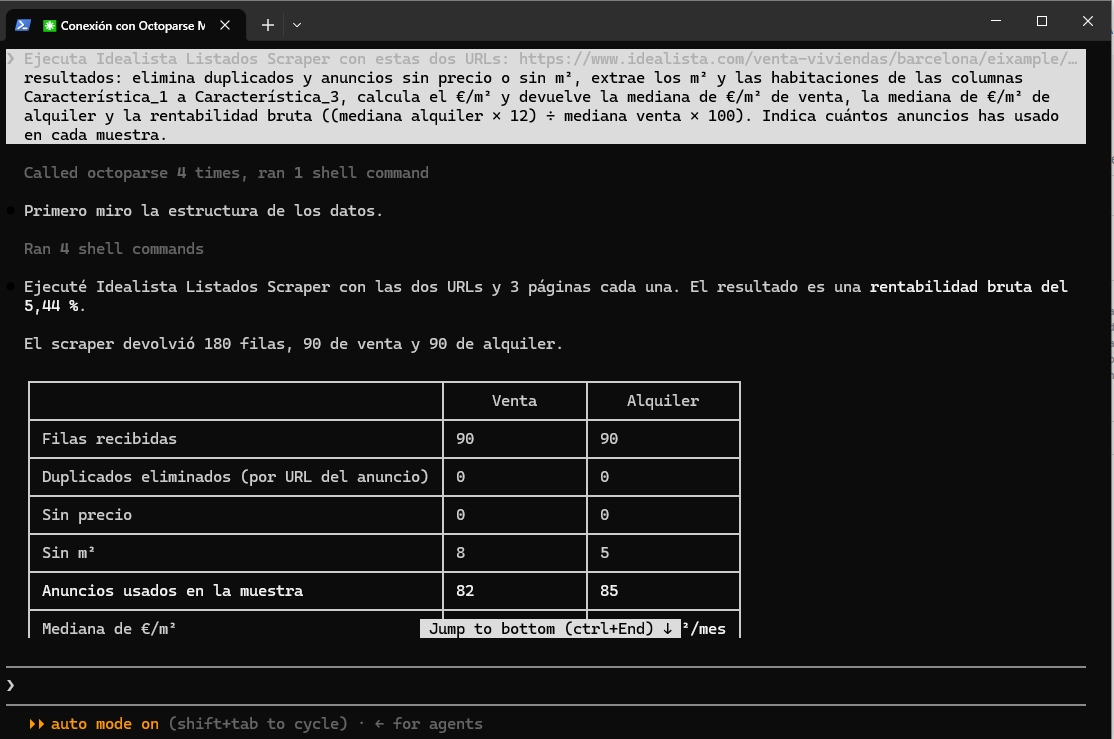 Asistente de IA ejecutando Idealista Listados Scraper por MCP y calculando la rentabilidad bruta de pisos en Eixample