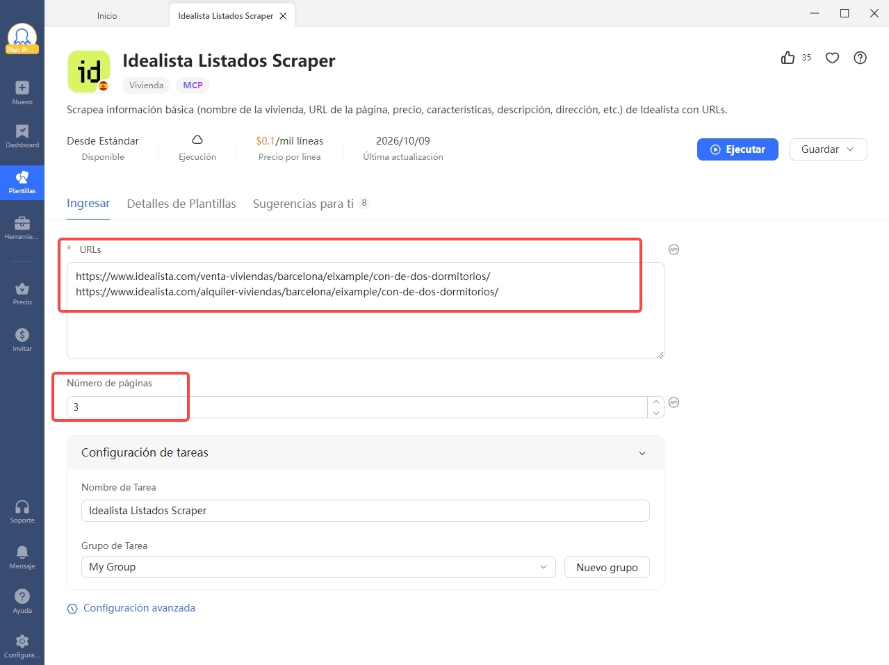 paso de uso sobre Idealista Listados Scraper