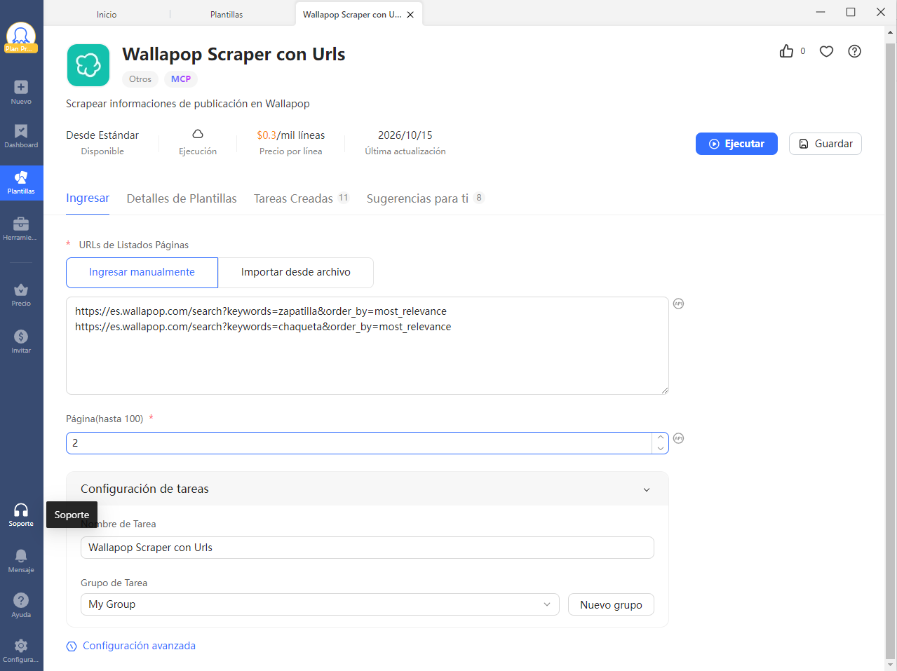 Wallapop Scraper con Urls con un enlace de búsqueda pegado