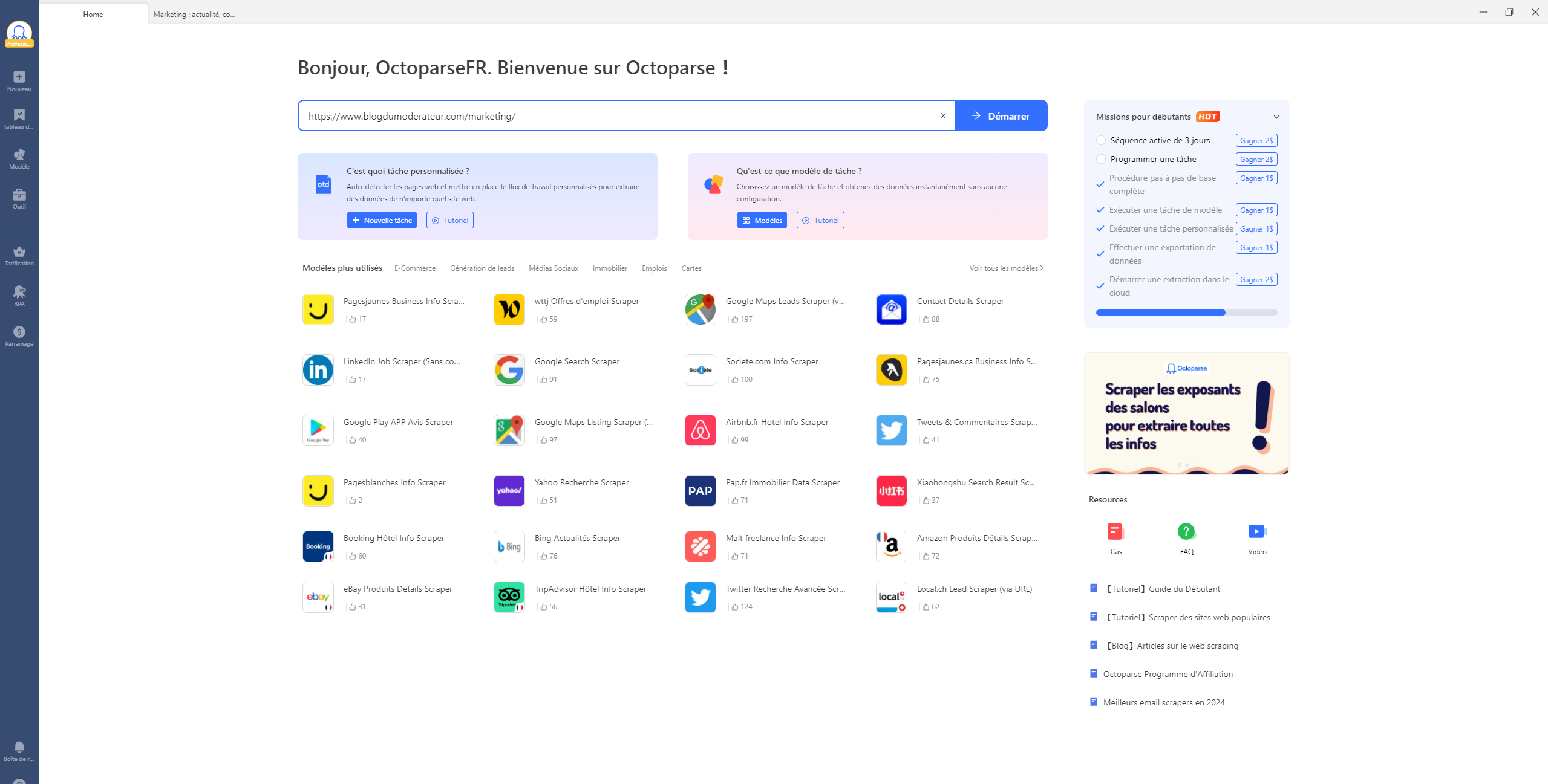 Page d'accueil sur Octoparse