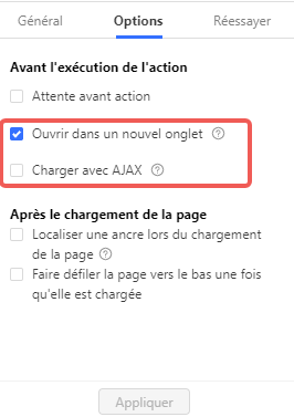 La configuration d'ouvrir une nouvelle page