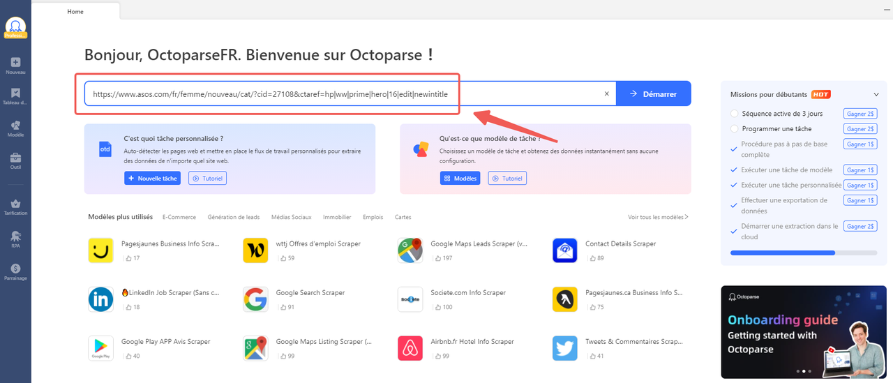 Entrez le lien ciblé dans l'Octoparse