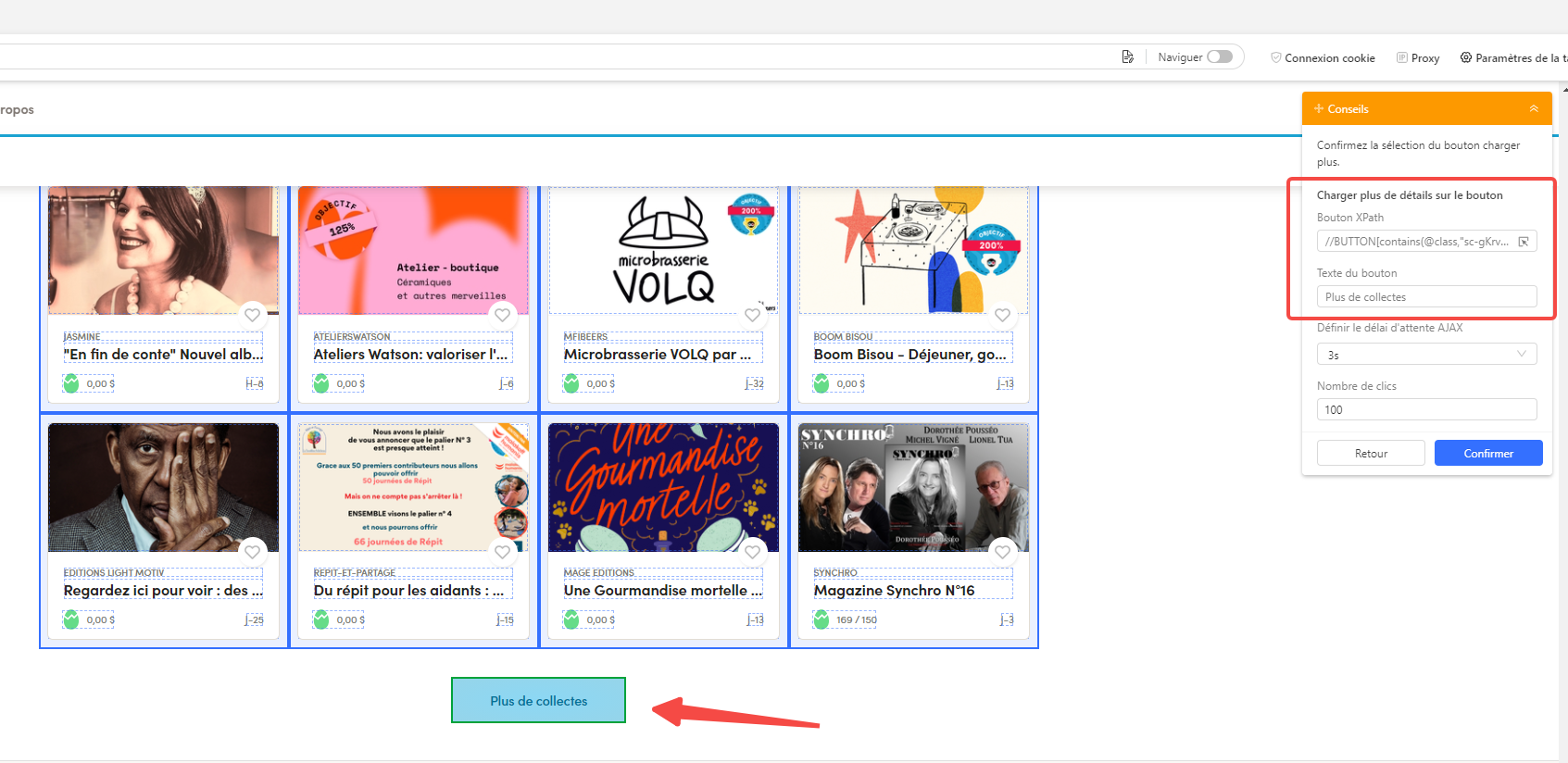 Cliquer sur Plus de collectes dans le flux du travail