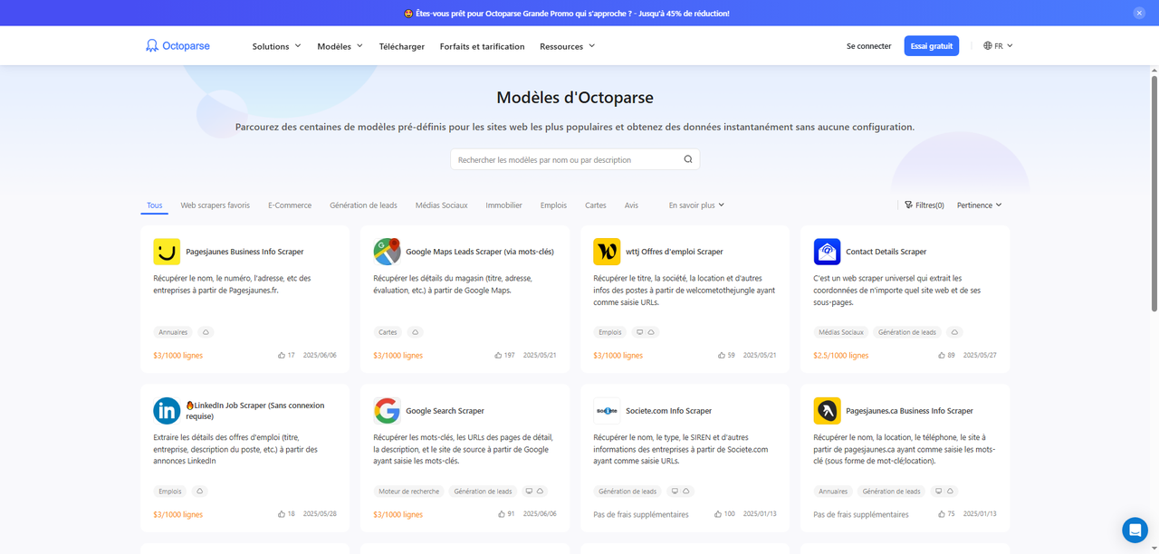 La page des modèles sur Octoparse