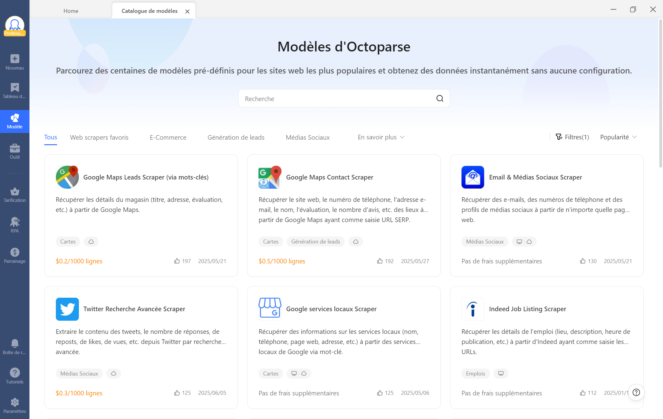L'interface de modèles sur Octoparse