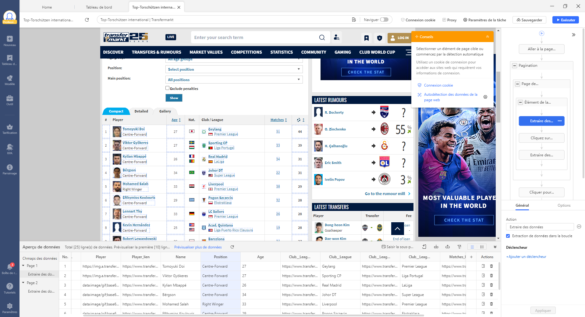 L'interface d'extraire les infos des joueurs sur site ciblé
