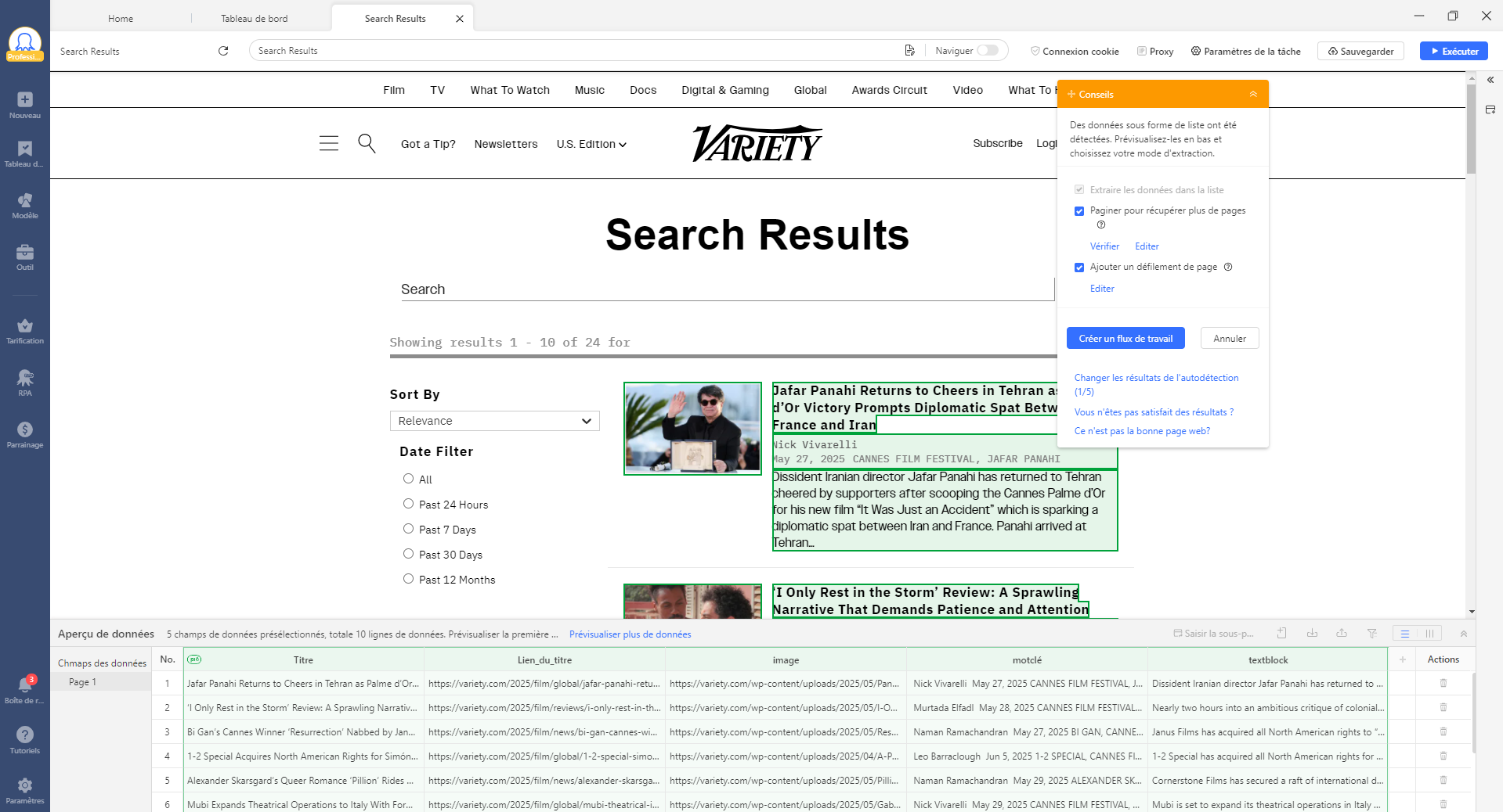 L'interface d'extraire les avis sur le site de Variety avec Octoparse