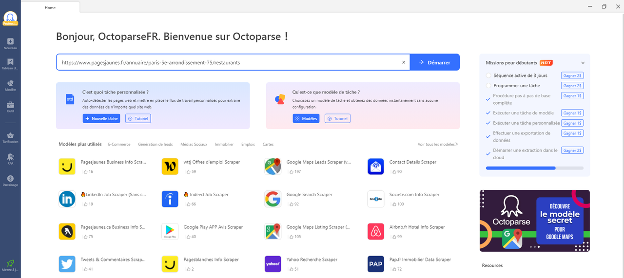 L'interface d'accueil sur Octoparse