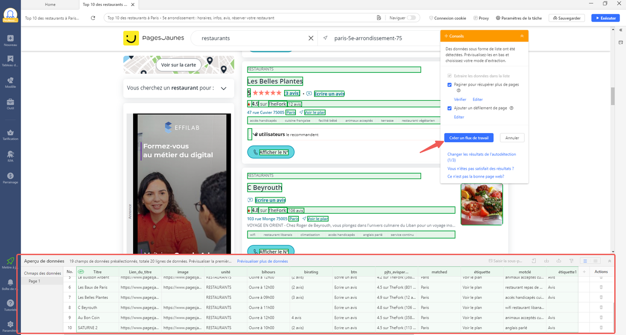 L'interface d'extraire les données avec Octoparse