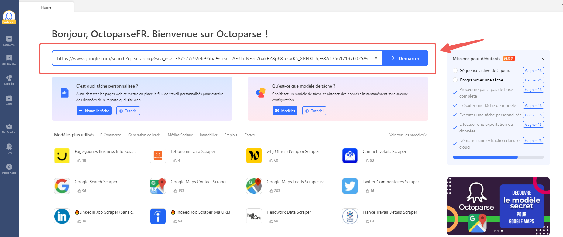 Page d'accueil de l'Octoparse