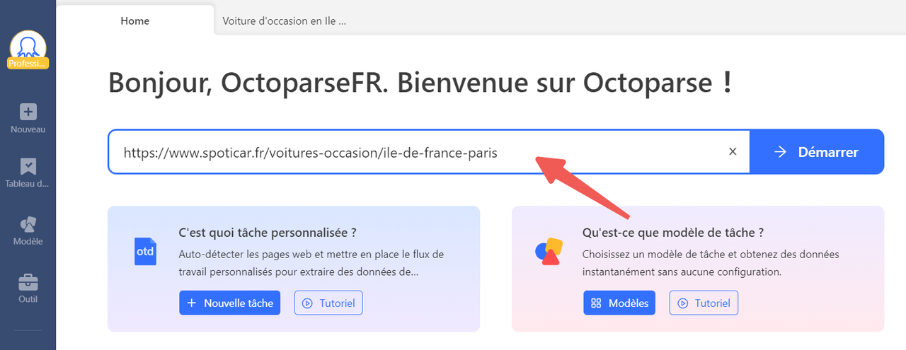 La page d'accueil d'Octoparse