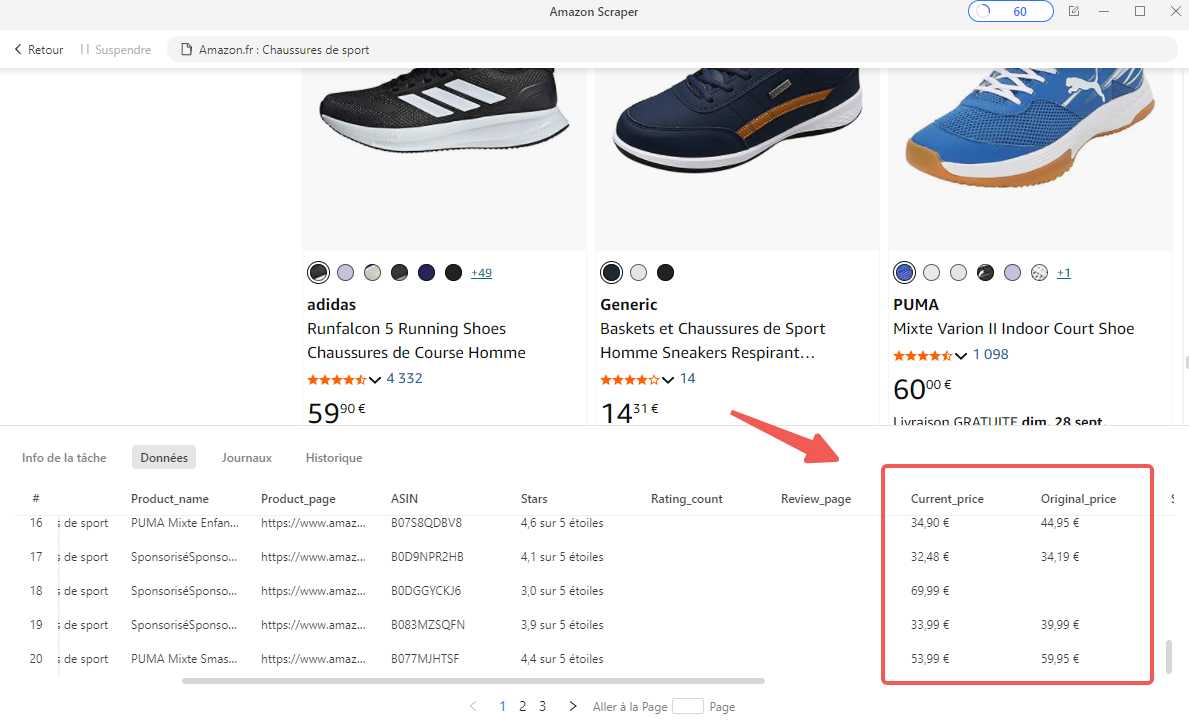 Extration de données, y compris le prix dans Octoparse