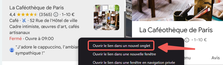 Copier le lien de la fiche GMB dans un nouvel onglet