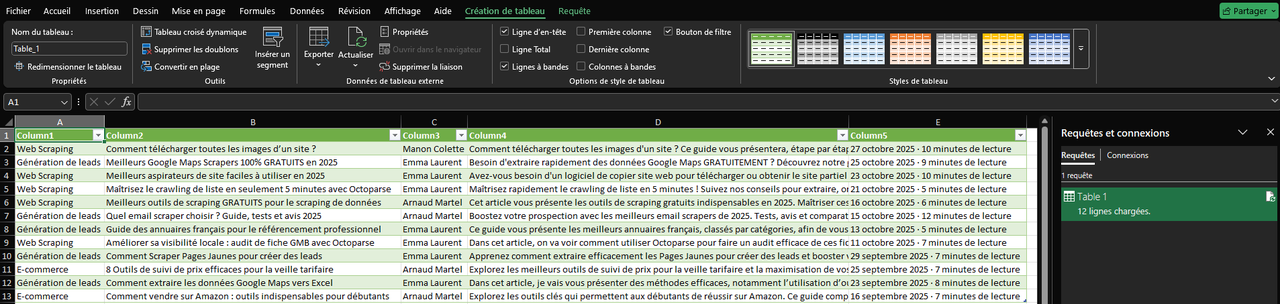 Finaliser l’importation de table d'Octoparse Blog via requêtes Web