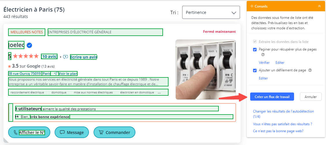 Lancer l’auto-détection d'un Pages Jaunes Scraper d'Octoparse