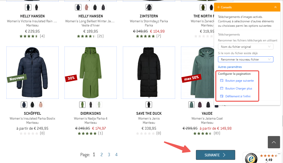 Gérer la pagination (cliquer sur un bouton "Suivant")  