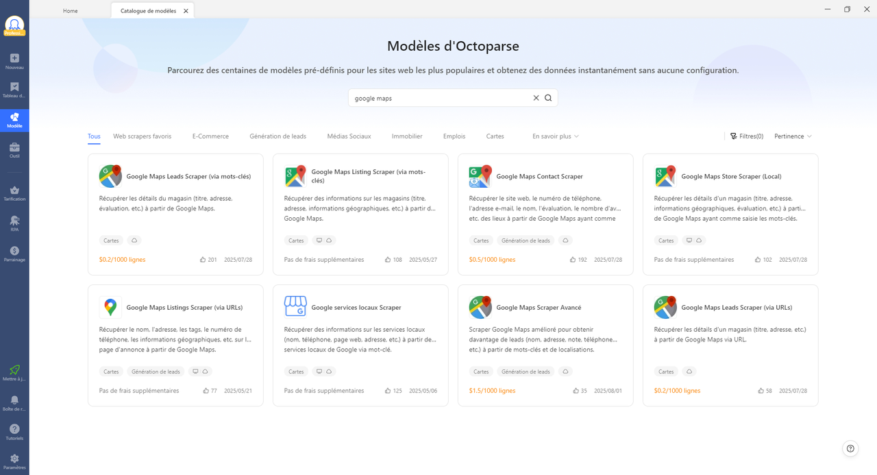 Des modèles préconstruits sur Octoparse