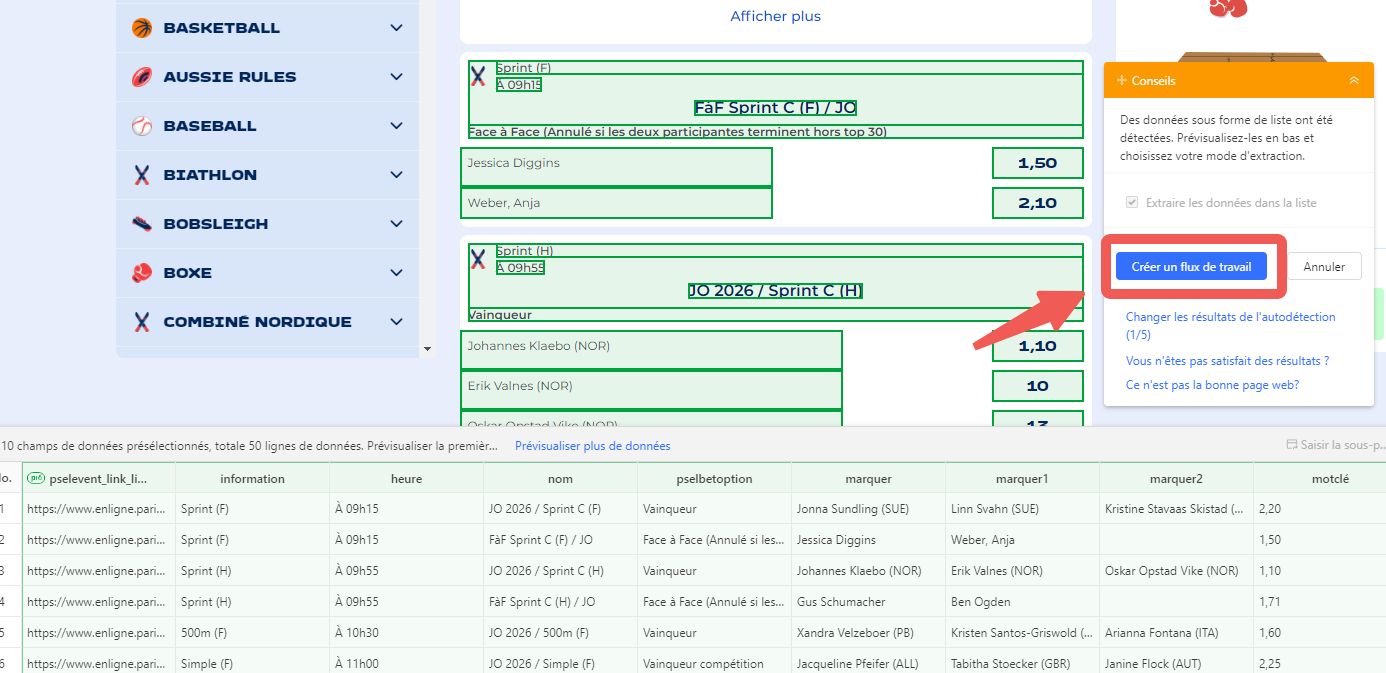 Création du workflow et nettoyage pour le scraping sportif