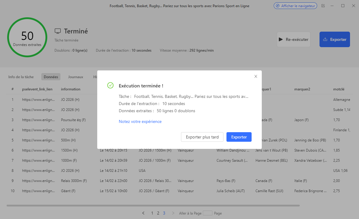 Export des résultats sportifs à l'aide d'Octoparse en 10 secondes