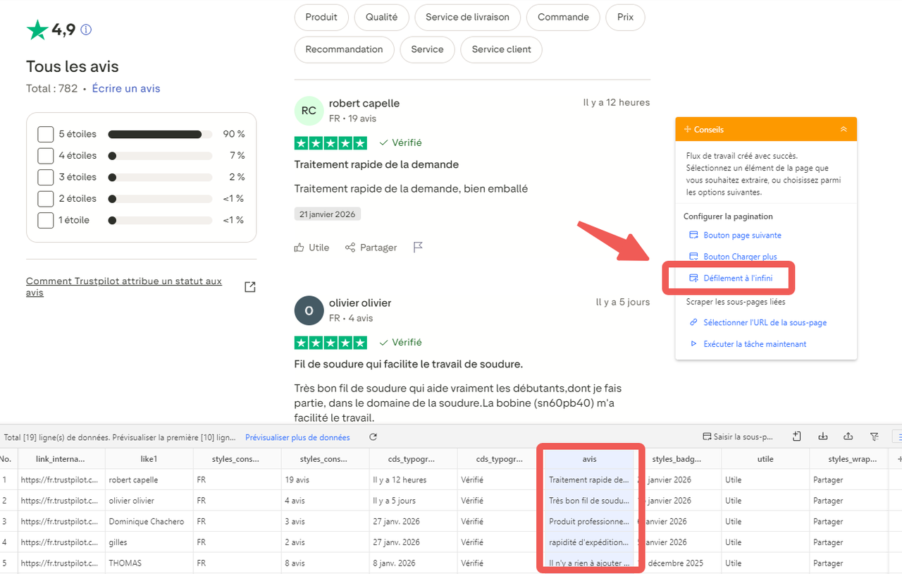 Personnalisez votre workflow pour extraire les avis de Trustpilot