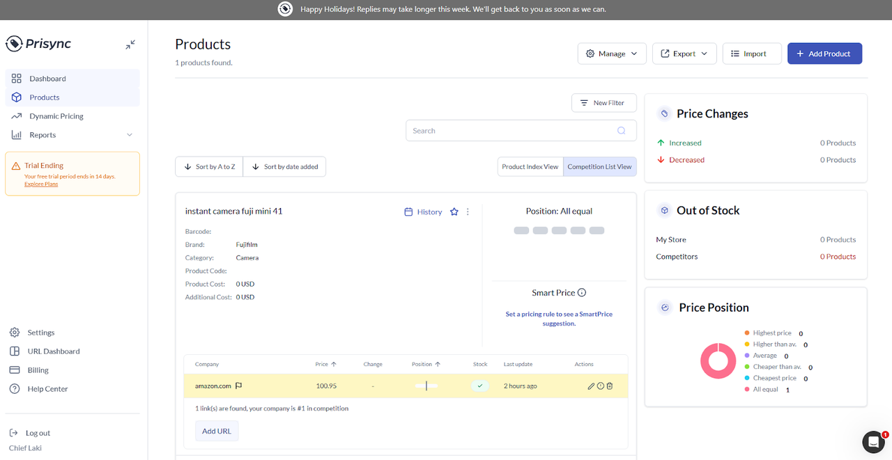 Prisync - comparatif prix Amazon entre vendeurs pour la veille concurrentielle e-commerce