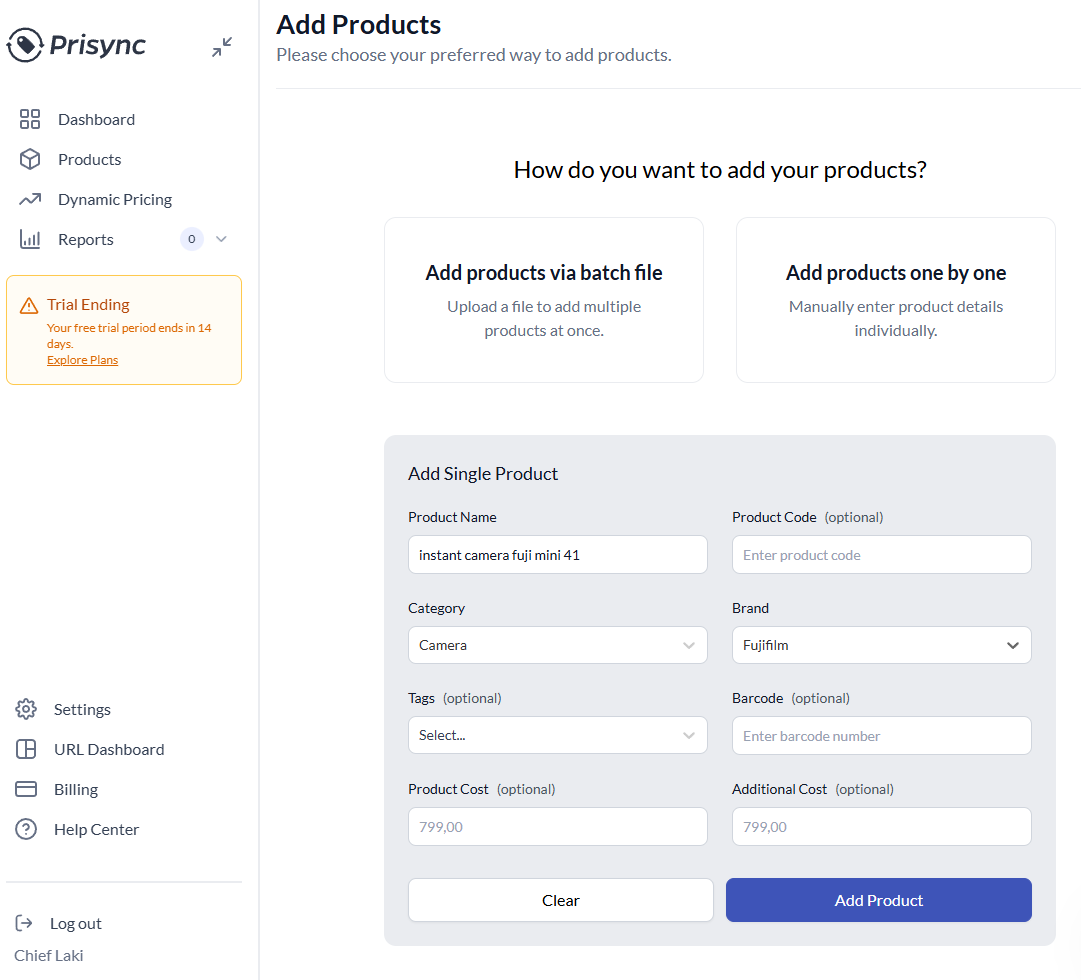 Prisync - tableau de bord de surveillance des prix Amazon et ajout de produits concurrents