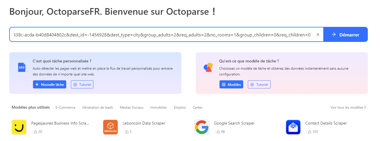 Interface Octoparse montrant l’étape 1 : saisie de l’URL cible pour lancer le scraping Booking automatique des données.