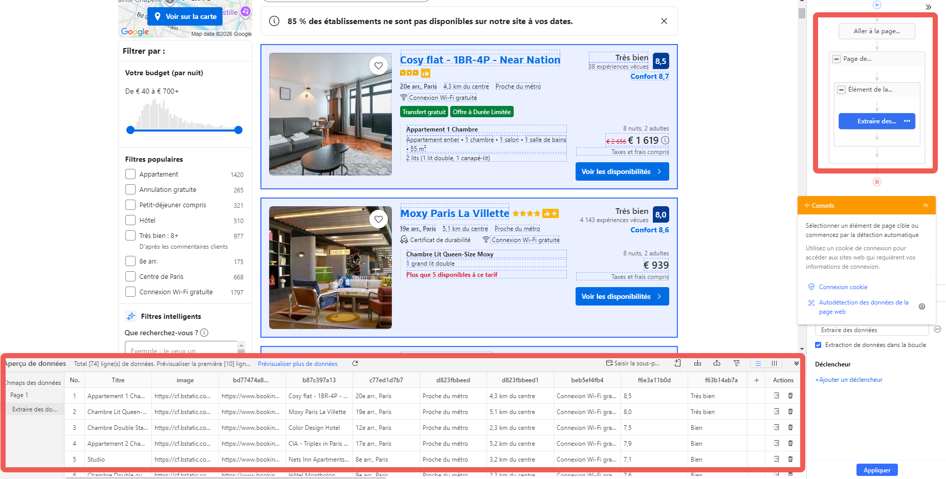 Interface Octoparse illustrant l’étape 2 : création et personnalisation du workflow avec détection automatique des données d’hôtels (nom, prix, note, adresse, etc.) sur Booking