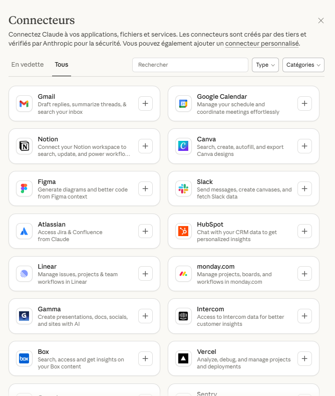Claude Desktop : liste des connecteurs MCP disponibles pour connecter l'IA à vos outils métiers