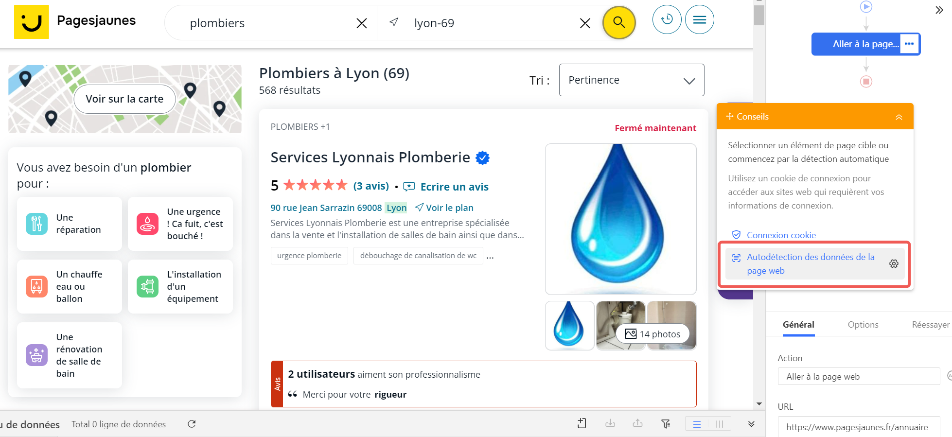 Interface Octoparse avec auto-détection des champs PagesJaunes : numéro de téléphone, adresse et horaires identifiés automatiquement sans code
