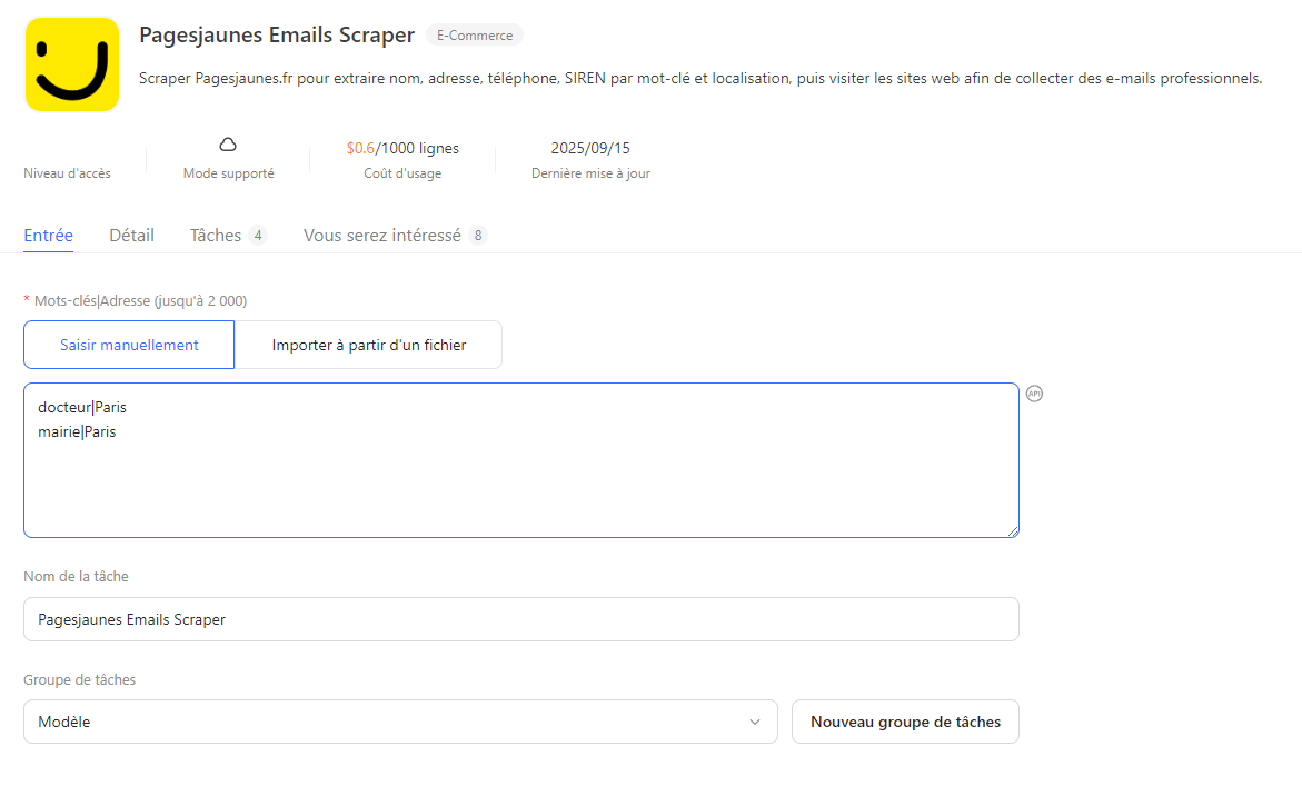 Modèle Octoparse PagesJaunes Emails Scraper : paramétrage de l'extraction de contacts professionnels par secteur et par ville pour alimenter un CRM gratuit PME