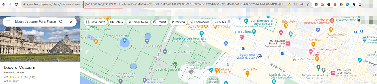 Capture d'écran de l'URL Google Maps avec les coordonnées GPS visibles après le symbole @, format latitude longitude