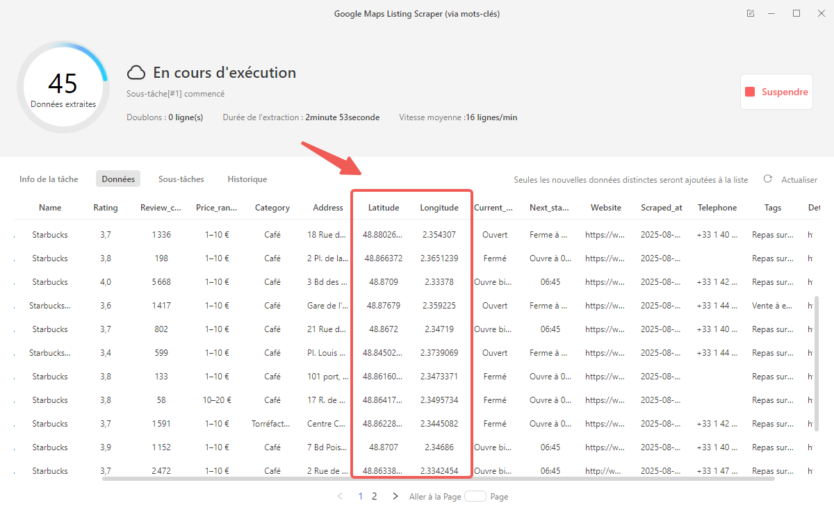 Exemple de données extraites depuis Google Maps avec Octoparse, incluant les champs latitude, longitude, nom, adresse et téléphone des établissements