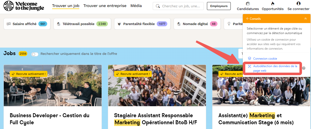 Interface Octoparse montrant l'autodétection des données sur une page d'offres d'emploi Welcome to the Jungle