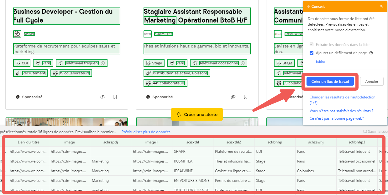 Tableau de résultats Octoparse avec données d'offres d'emploi structurées prêtes pour export Excel