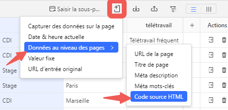 Extraction du code source HTML et des balises méta d'une page web avec Octoparse pour export structuré vers Excel