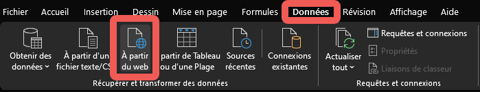 Onglet Données dans Excel avec le bouton À partir du web pour importer des données via Power Query