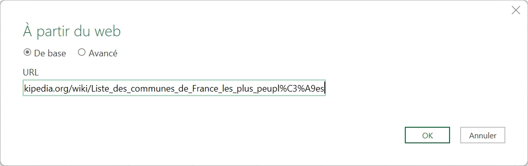 Fenêtre Power Query dans Excel pour saisir l'URL d'une page web et lancer l'import de données
