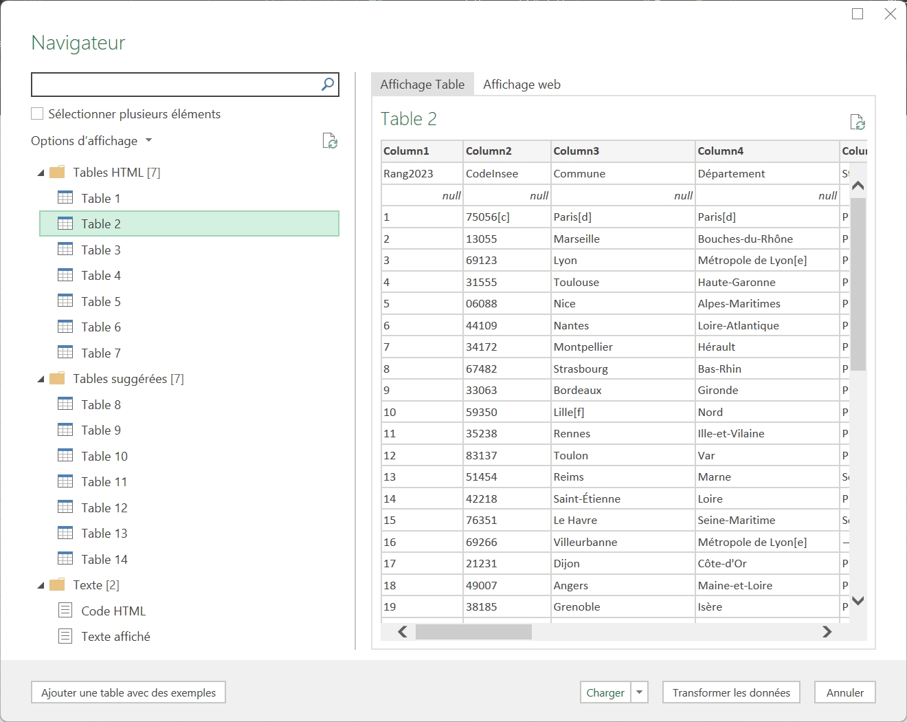 Liste des tableaux HTML détectés automatiquement par Power Query dans Excel sur la page web cible