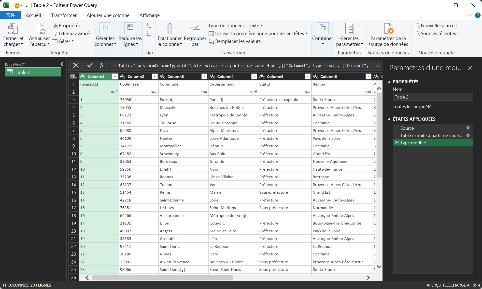 Éditeur Power Query dans Excel affichant les données web importées avant chargement final dans la feuille de calcul