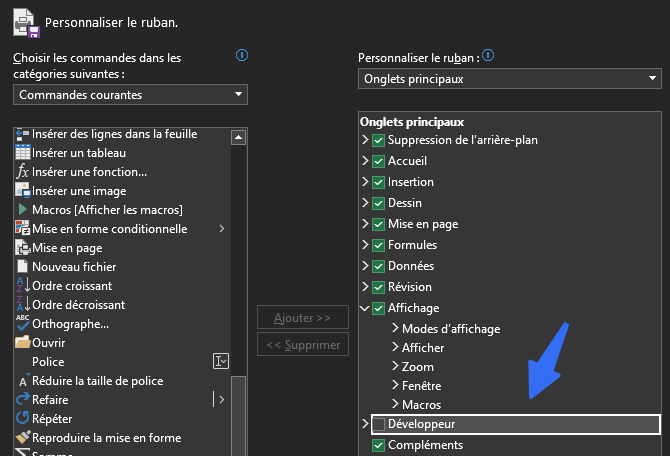 Activation de l'onglet Développeur dans Excel via le menu Options de personnalisation du ruban