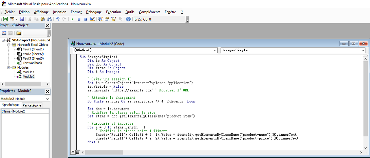 Éditeur Visual Basic dans Excel avec le menu Insertion ouvert pour ajouter un module VBA d'extraction web