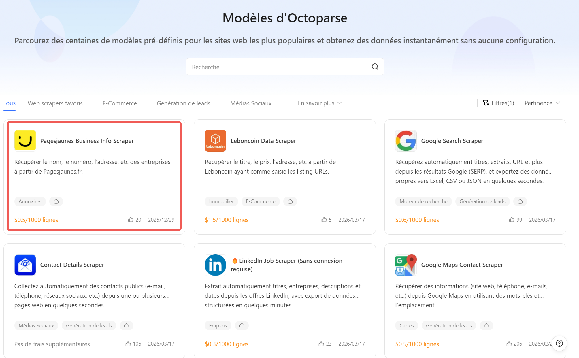 Interface Octoparse PagesJaunes Business Info Scraper — saisie des paramètres Qui et Où pour extraire les coordonnées d'entreprises locales en France