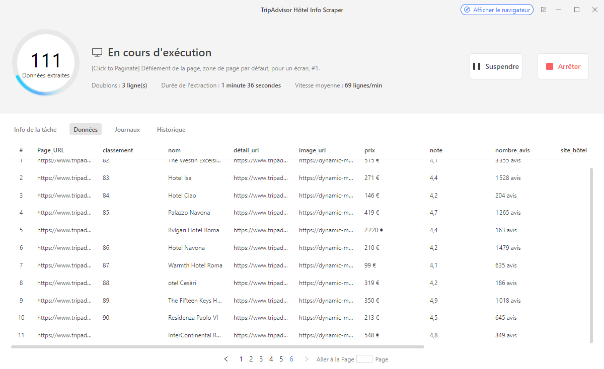 Scraping TripAdvisor avec Octoparse : données hôtels extraites automatiquement, colonnes classement, nom, note globale, prix, nombre d'avis et URL de fiche